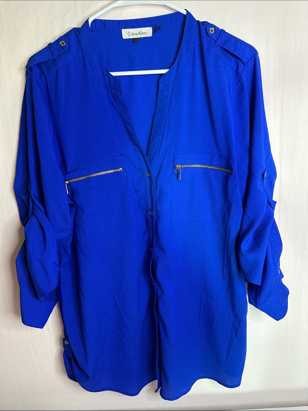 Calvin Klein Cobalt Blue Button-Front Tunic with Zip Pockets